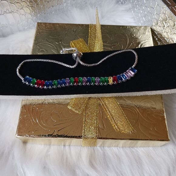 Rainbow Gemstones STERLING Silver Adjustable Bracelet - Picture 7 of 10